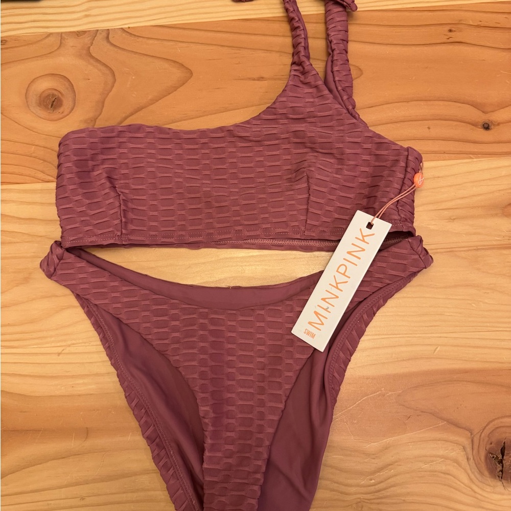 MINKPINK Asymmetrical Textured Bikini in Dusty Rose